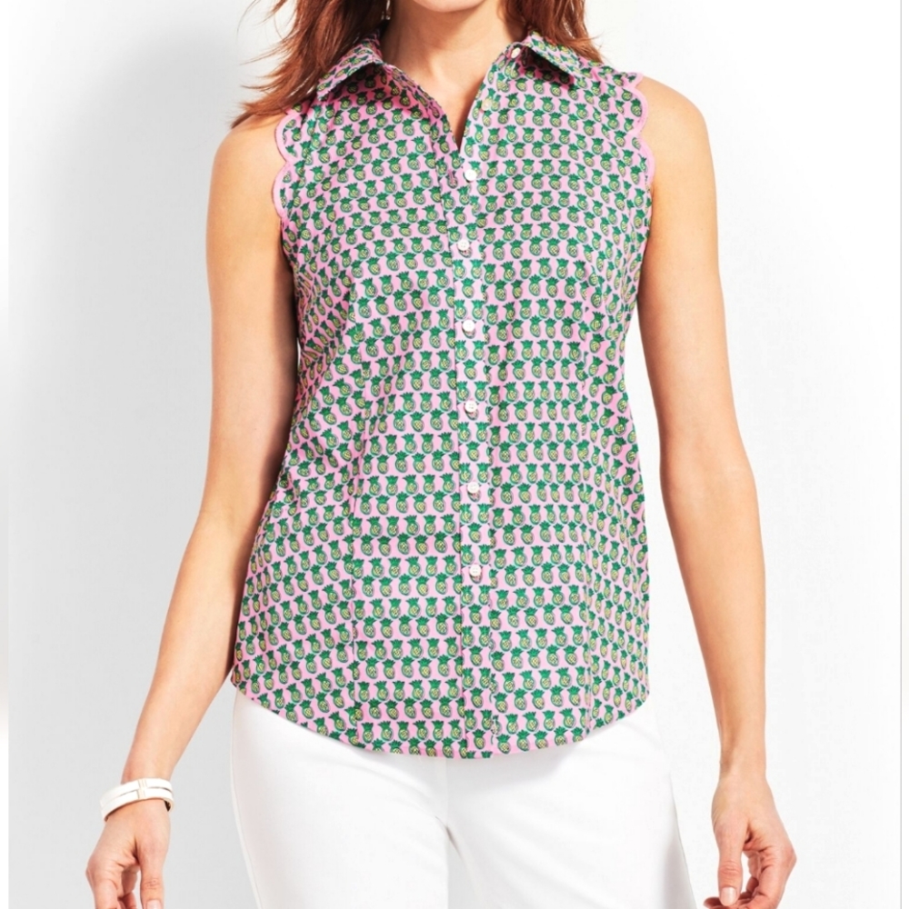 Talbots Pineapple Button-Down Scalloped Edge Slee… - image 1